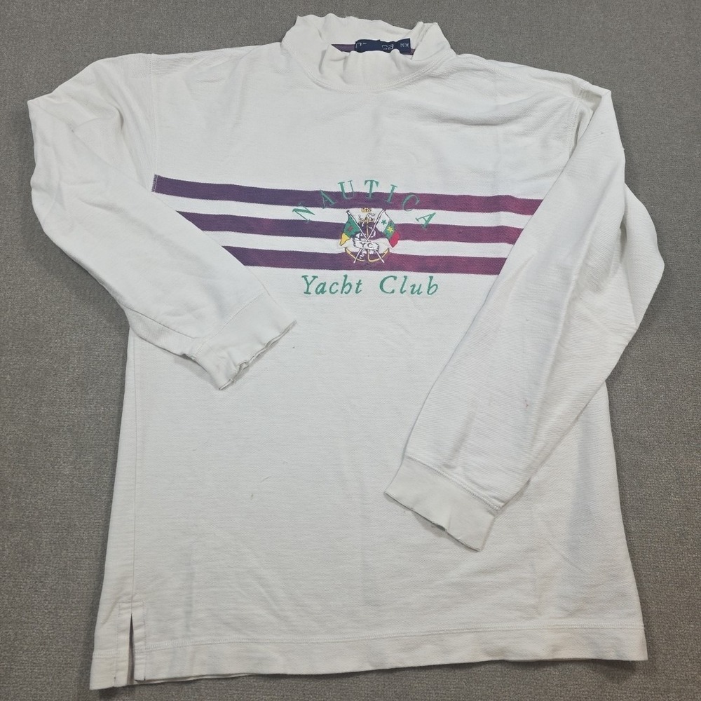 Vtg Nautica Yacht Club Embroidered Crewneck Sweatshirt 90s White Purple Pullover - Picture 1 of 15